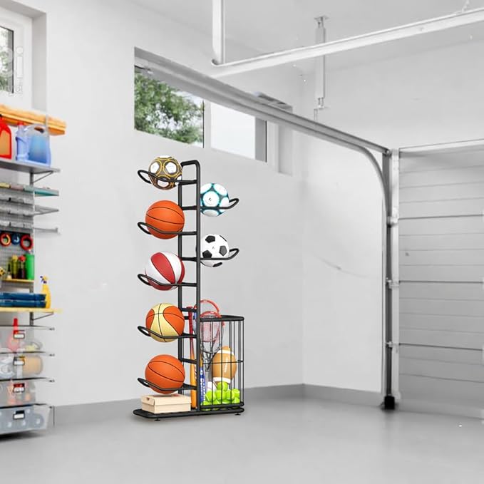 7-Ball Sports Equipment Storage Rack with Ball Holder and Basketball Rack, Athletic Gear Organizer ball Stand - Organize Toys, Sports Gear and More, 57.5" (Black)