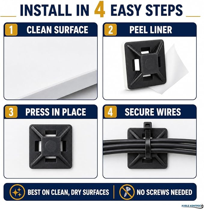 Kable Kontrol Zip Tie Mounts, 1/2” Sq, Black, 100 Pcs, Adhesive Backed Multi-Purpose UV-Resistant Mounting Squares Nylon Cable Tie Wrap Anchor Pads for Cable Management