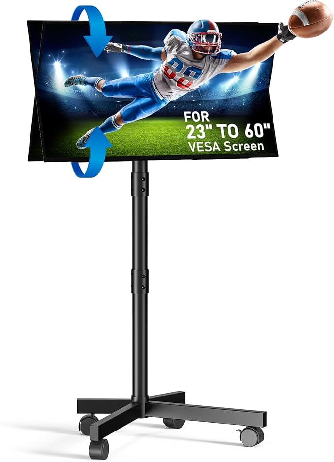 Mobile TV Stand for 23-60 Inch LCD LED OLED Flat Panel Curved Screen TVs up to 88 lbs, Tilt and Height Adjustable, Locking Rolling Wheels TV Cart, Max VESA 400x400mm, Black