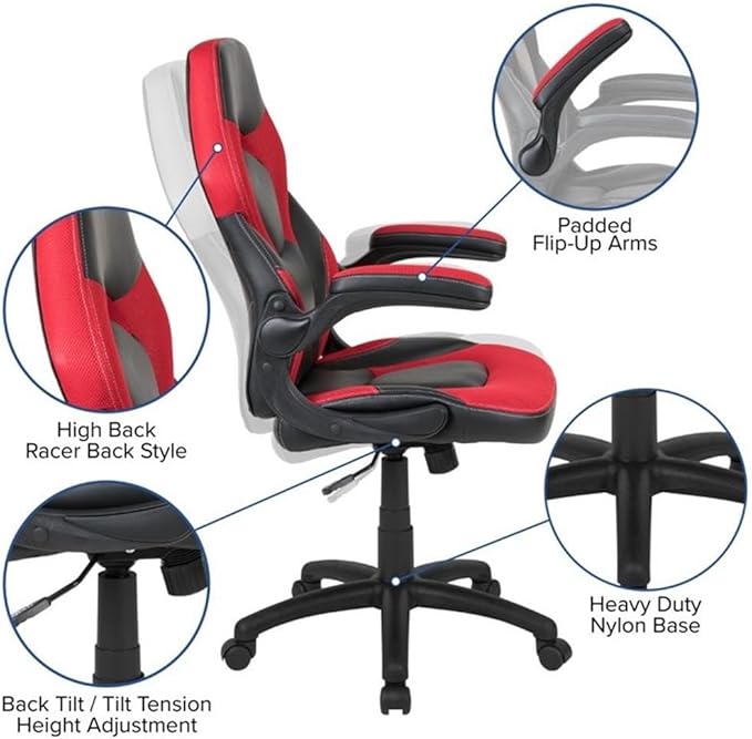 BOWERY HILL 2 Piece Gaming Desk Set, Black Laminate Top, Red Z-Frame, Includes Ergonomic High Back Chair with Flip-Up Arms, Cable Management, Cup Holder, and Headset Hook, Contemporary Style