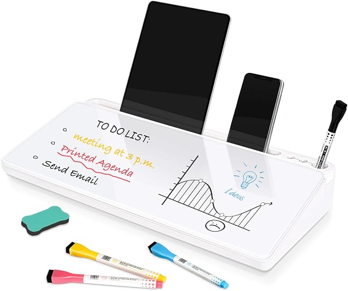 DOLLAR BOSS Glass Desk Whiteboard Small Dry Erase Board Desktop White Board with Storage Drawer Computer Keyboard Stand Desk Organizer Office Accessories Back to School Supplies with 4 Markers, White