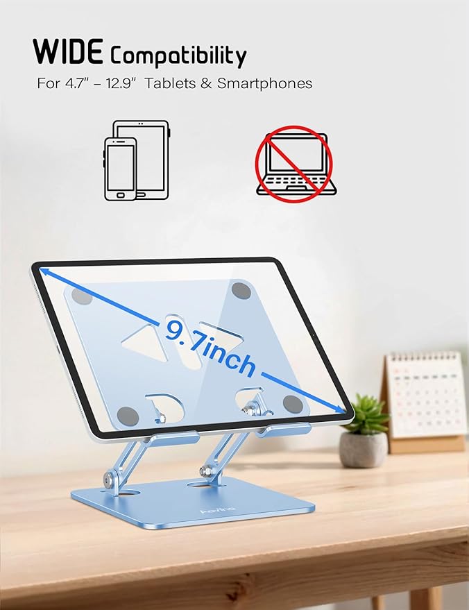 Aoviho Tablet Stand Holder for Desk, Adjustable Aluminum Desk Accessories, Stable Desktop Stand for Office Home,Compatible with iPad Pro Air Mini, Samsung Tablets,Sky Blue