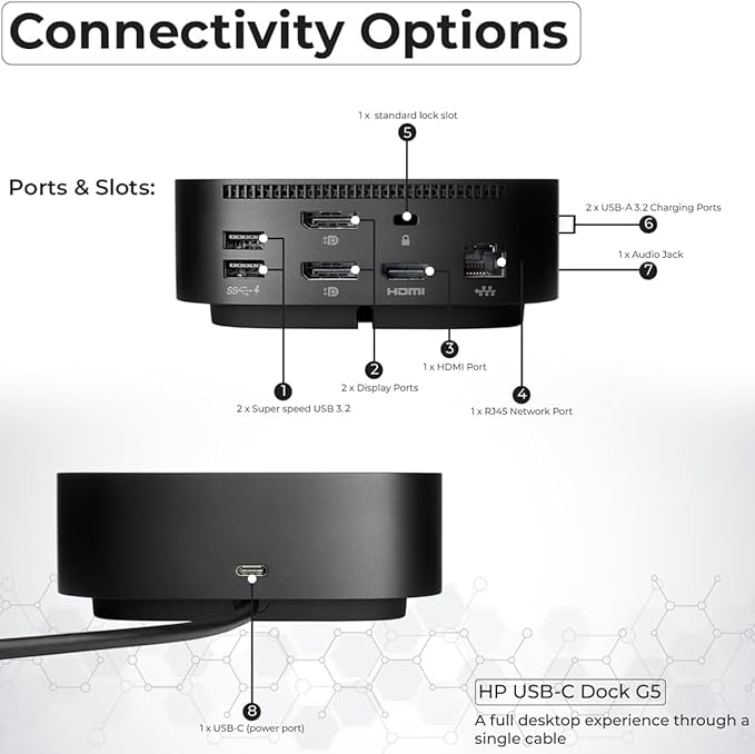 HP 26D32AA#ABL Docking Station G5 - HP Laptop Docking Station Dual Monitor Dock and Charging Bundle with 120W Adapter + HDMI Cable + DisplayPort Cable + USB-C Cable + Microfiber Cloth (Renewed)