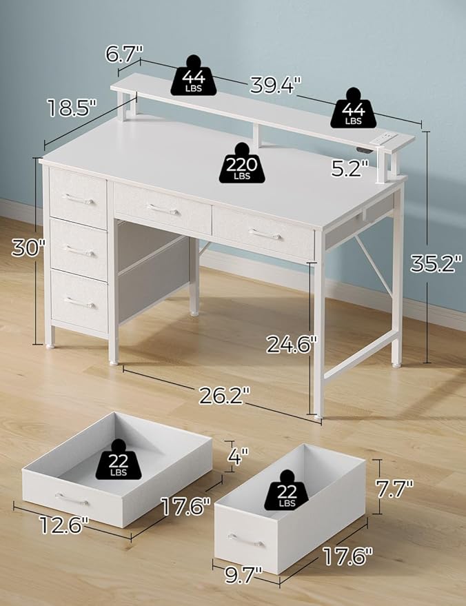 Seventable Computer Desk with Power Outlets & LED Light, 39 inch Home Office Desk with 5 Drawers, Writing Desk with Monitor Stand, Work Desk for Home Office, White