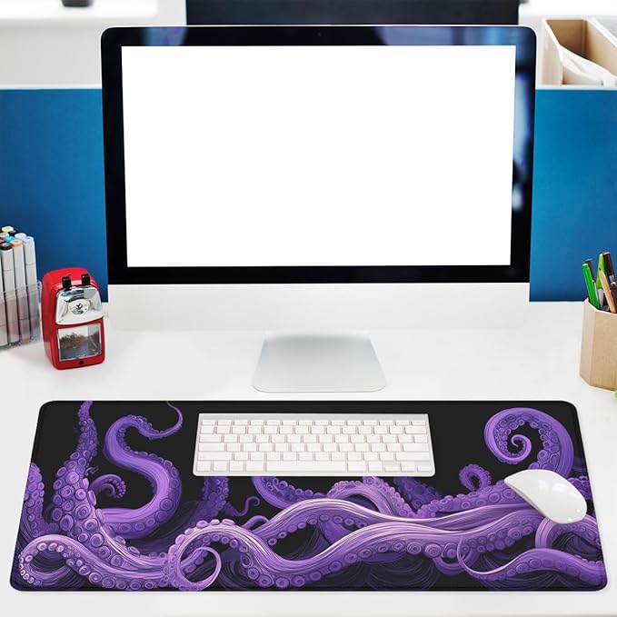 Octopus Tentacles Gaming Mouse Pad Ocean Purple Tentacles Waves Mousepad Extended Large Laptop Keyboard Non-Slip Rubber Base with Stitched Edges for Home 31.5x11.8 in