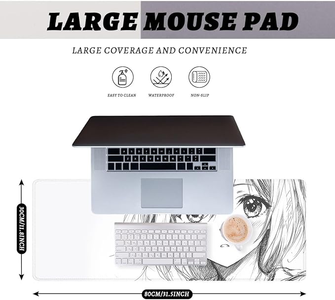 Anime Girl Gaming Mouse Pad Minimal Monochrome Sketch Large Gaming Mouse Mat with Stitched Edges,Non-Slip Waterproof Rubber Base Mous Mat Office Computer Keyboard Laptop 31.5"x11.8"