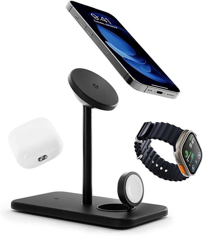Twelve South HiRise 3 Deluxe Twelve South 3-in-1 MagSafe + Qi2 Charging Stand for iPhone, Watch, and AirPods, Black
