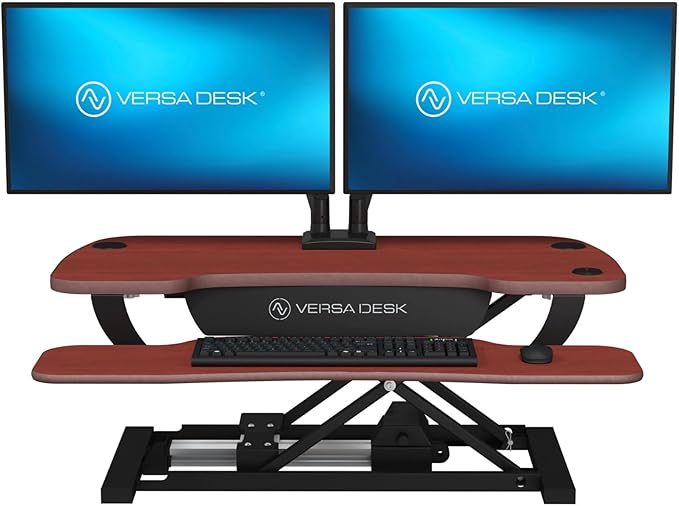 VERSADESK PowerPro 36 Inch Electric Standing Desk Converter – Push-Button Height Adjustable Sit to Stand Desk Riser for Dual Monitors & Laptop – Motorized Desktop Workstation with Wide Keyboard Tray