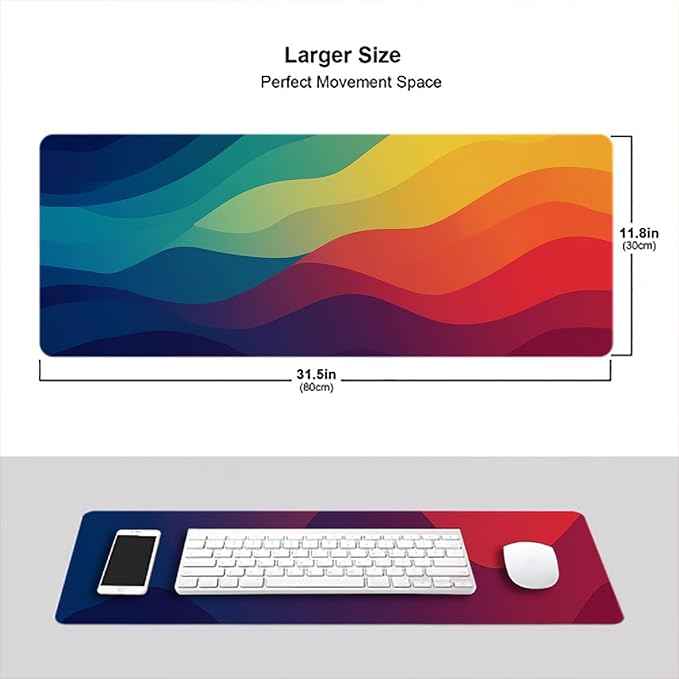 Rainbow Mousepad Colorful Retro Abstract Blue Red Yellow Mousepad Extended Large Laptop Keyboard Non-Slip Rubber Base with Stitched Edges for Home Office Computer Keyboard Laptop 31.5x11.8 Inch