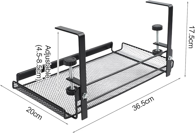 Adjustable Under Desk Cable Management Tray, 4.5-8.5cm Height Carbon Steel Wire Organizer Shelf for Office Home, No Drill Hanging Cord Holder Rack, Black or White(Black L)