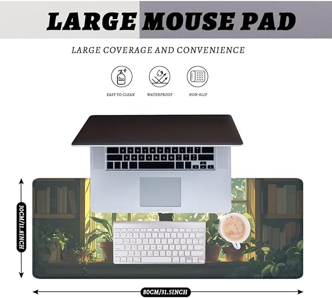 Black Cat Gaming Mouse Pad Cozy Plant XL Mouse Pad Large Mousepad Extended Laptop Keyboard Mat Gaming Desk Pad Mouse Mat Office Computer Keyboard Laptop 31.5"x11.8"