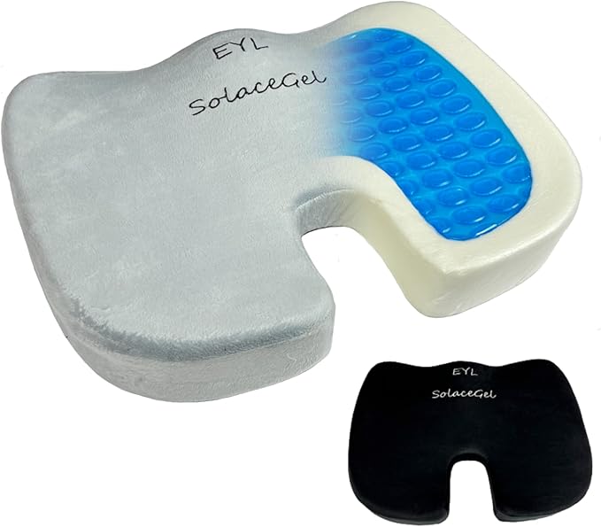 SolaceGel Enhanced Cooling Gel Cushion With Memory Foam Built In Handle – Lower Back Pain Relief – Improves Posture & Support – Multi Use – Office Chair, Car, Sporting Events, Gaming – Two Covers
