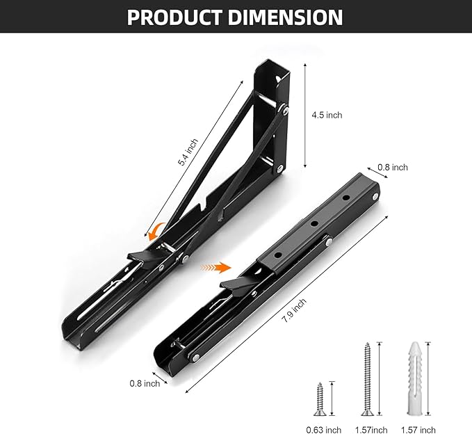 Folding Shelf Brackets 8 inch Foldable Shelf Bracket Heavy Duty Collapsible Shelf Brackets DIY Wall Mounted Fold Down Table Bracket Space-Saving for Benches Workstation (2PCs, Max.Load 133 lbs)