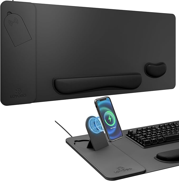 15W Magnetic Wireless Charging Desk Pad with Ergonomic Tilt Phone Stand, 35×15in XXL Foldable PU Leather Mouse Pad with Keyboard & Mouse Memory Foam Wrist Rest for Gaming Office Home Minimalist Desk