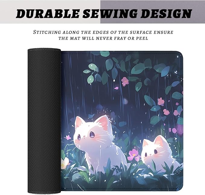 Animation Mouse Pad White Cat Rain Playing Flowers Plants Mousepad Extended Large Laptop Keyboard Non-Slip Rubber Base with Stitched Edges for Home 31.5x11.8 in