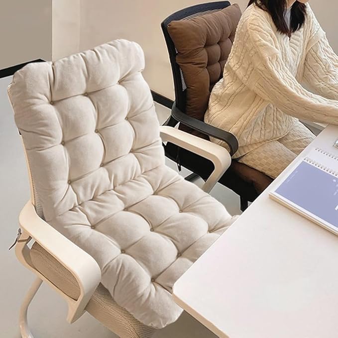 Desk Chair Cushion,Non-Slip Office Chair Pad with Ties,Soft Seat Cushion with High Back Support for Dorm,Car,Dining Room,Kitchen,Rocking Chairs (Beige)