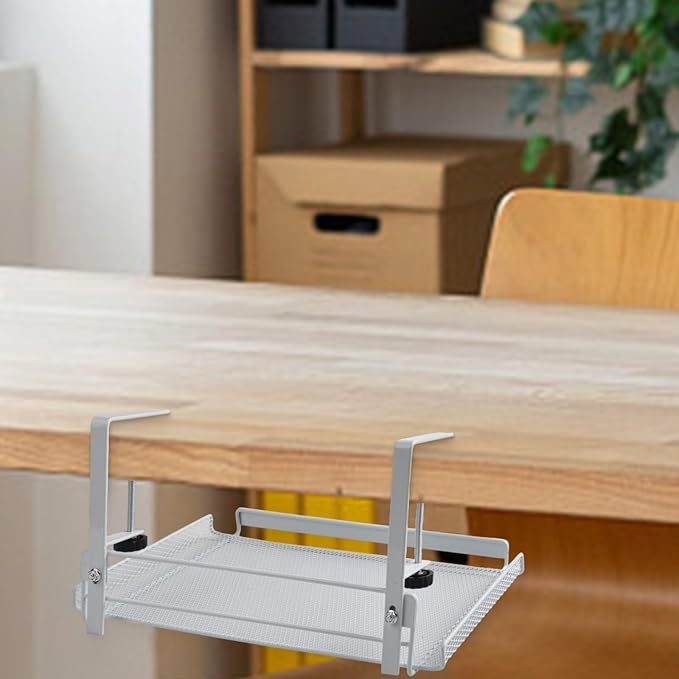 Adjustable Under Desk Cable Management Tray, 4.5-8.5cm Height Carbon Steel Wire Organizer Shelf for Office Home, No Drill Hanging Cord Holder Rack, Black or White(White L)