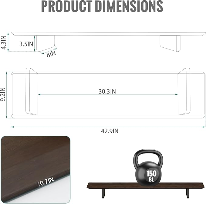 EXPERLAM Solid Wood Dual Monitor Stand Riser, 43 Inch Rubberwood Desk Shelf for Top of Desk, Wood Monitor Stand for Desk 2 Monitors up to 27", Desktop Organizer for Laptop, TV, Printer