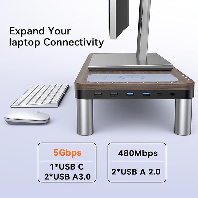 TobenONE MacBook Docking Station 10 in 1 (Monitor Stand, Wireless), USB C Docking Station with 4K@60Hz HDMI, Wireless Charging Pad, 100W Power Supply, 5 USB Ports, Ethernet, for Dell/Lenovo/HP/MacBook