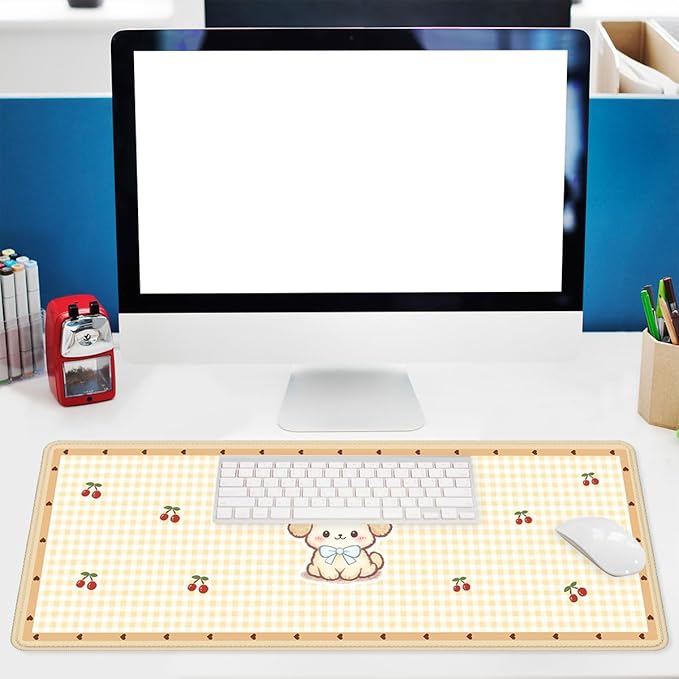 Cute Puppy Mouse Pad Cartoon Cherry Gingham Mousepad Extended Large Laptop Keyboard Non-Slip Rubber Base with Stitched Edges for Home 31.5x11.8 Inch