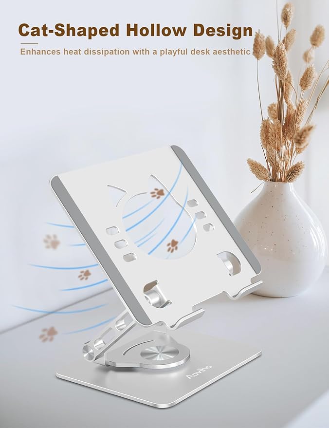 Aoviho Tablet Stand 360° Rotating Aluminum Holder, Adjustable, Portable and Foldable Monitors Stand for iPads, Compatible with 4-12.9" Tablets, Silver