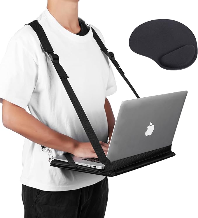 Laptop Harness - Hands Free Portable Wareable Desk for Laptop 14" Tablet, Notepad, MacBook - Adjustable Straps Standing Laptop Carrier - Includes Memory Foam Mouse Pad