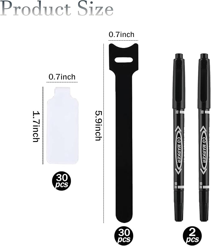 Cable Labels for Cords, 60 PCS Reusable Cord Organizer Kit with 30 Write On Tags, 30 Hook and Loop Cable Ties and 2 Markers for Home Office Electronics