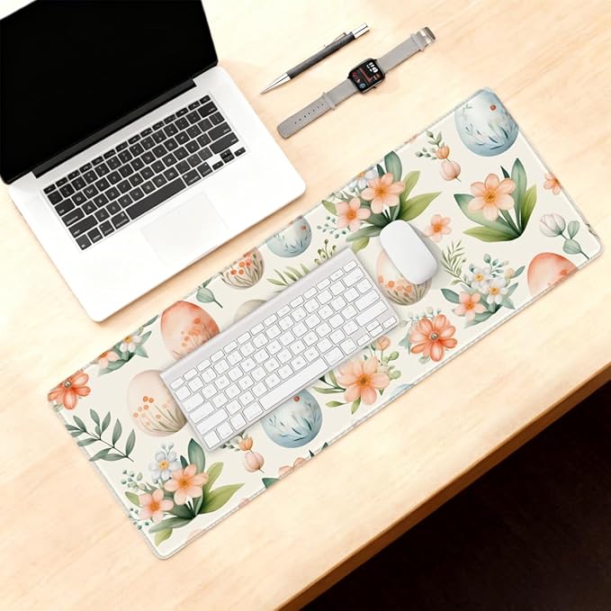 Large Mouse Pad Non-Slip Rubber Easter Egg Flower Long Gaming Desk Mat Big Computer Keyboard Mousepad Waterproof Protector Wristing Pad for Gaming Office Home Decorative 31.5 X 11.8 Inch