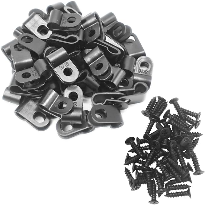 Cable Clamp R-Type Cable Clip Wire Clamp 3/16" Nylon Screw Mounting Cord Fastener Clips with Screws for Wire Management - Black - 50 Pcs