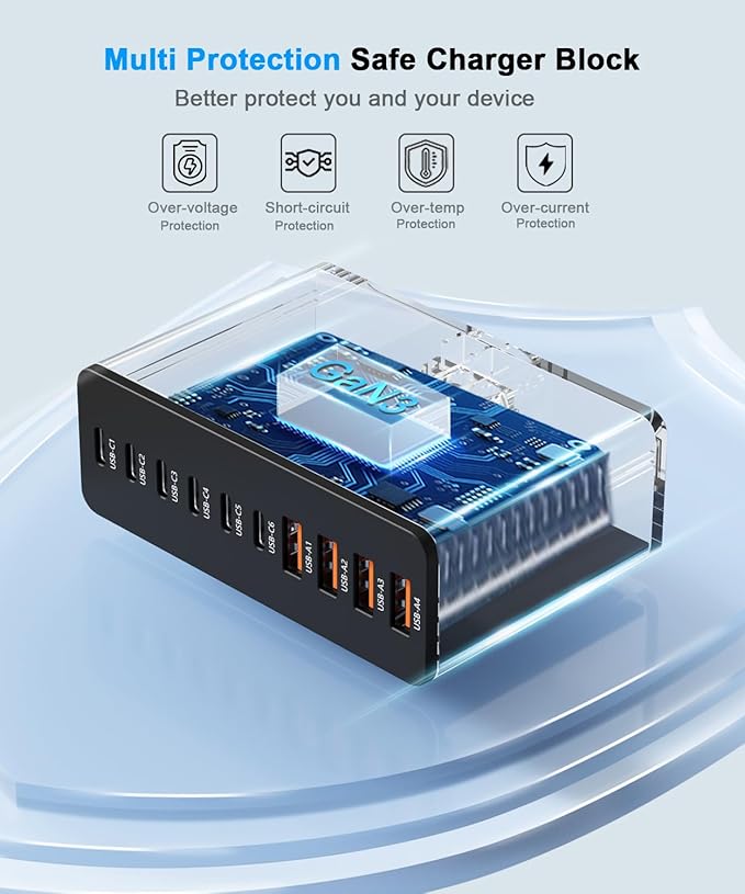 USB C Charging Station 10 Port with 4 Cables,200W GaN Type C Charger Block,Wall Charger Power Strip Adapter Plug for iPad iPhone17 16 15 14 13 12 Pro Max Pixel Note Galaxy