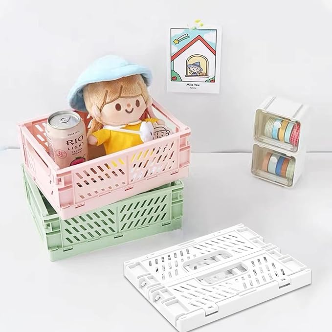 3 Pack Large Plastic Storage Basket for Shelf Organizing, Collapsible Crate Folding Storage Bin for Desk Organizier Stackable Containers for Home Kitchen Classroom Office Bathroom Storage(10x6.5x2.7")