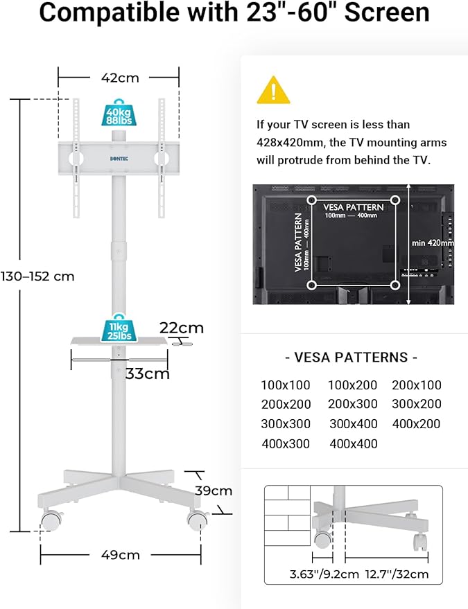 BONTEC Mobile TV Stand for 23-65 Inch TVs, Rolling TV Stand with Locking Wheels, Adjustable Height, Media Shelf, Outdoor TV Stand Max VESA 400x400mm, Holds Up to 88lbs, White