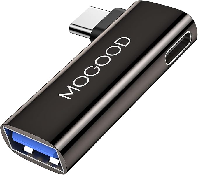 MOGOOD 2-in-1 USB C OTG Adapter with 100W PD Charging, USB 3.0 Port, Right Angle for Galaxy S24, Quest 3, iPad, Chromecast, Pi-KVM – Data & Charge Simultaneously