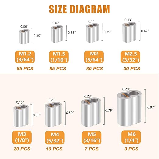 mankk 320 Pcs Aluminum Crimping Loop Sleeve 8 Sizes (3/64'' 1/16'' 5/64'' 3/32'' 1/8'' 5/32'' 3/16'' 1/4'') Wire Rope Sleeves Double Cable Ferrules Kit M-109-320