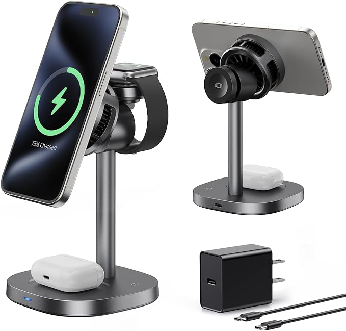 havit Qi2 3 in 1 Wireless Charging Station, 15W Magnetic Charger with Cooling Fan for iPhone 17/16/15/14/13/12, Apple Watch & AirPods, Adjustable Stand, 45W Adapter Included
