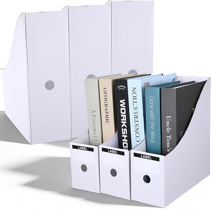 25-Pack White Cardboard Magazine File Holders, 10.2" L x 3.5" W x 10.6" H Large-Capacity Document Organizer Boxes, Foldable Book Bins for Shelves, Office or Home Use with 25 Bonus Labels