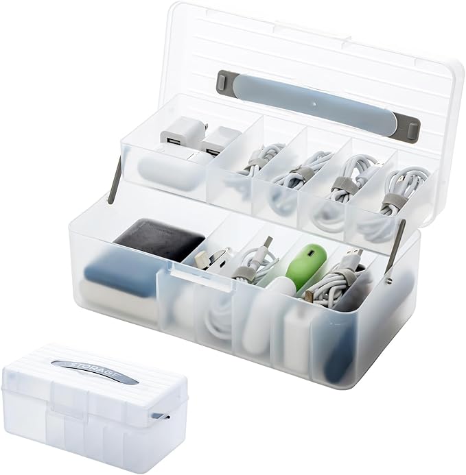 Vidifor Large Cable Organizer Box with 20 Cable Ties, Portable Cord, Charger and Bandages Storage for Drawer, Desk, Office & Home (White)