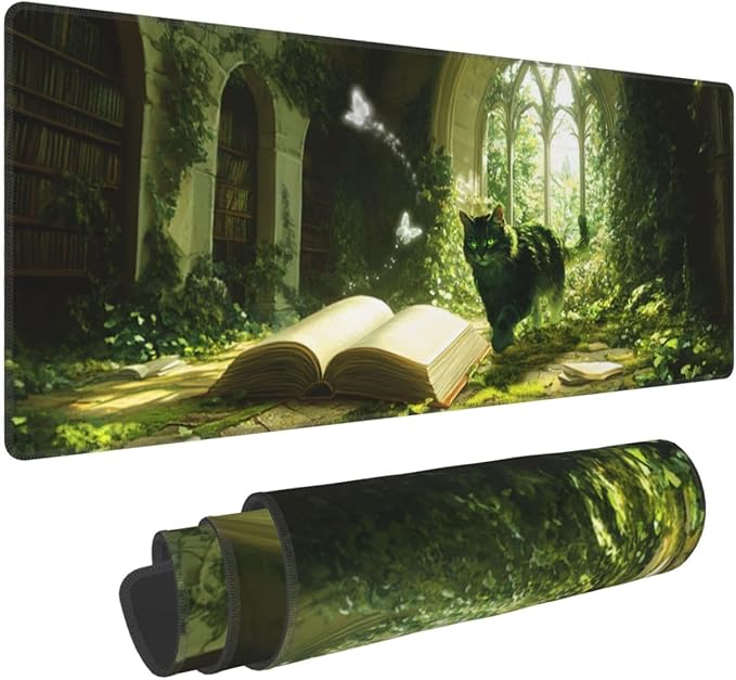 Cat Book Mouse Pad 31.5 X 11.8 Inch Big Desk Rubber Base Stitched Edges Keyboard Pad XXL Mouse Mat for Home Game and Office