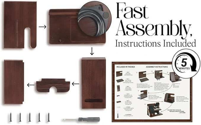 Wood Phone Docking Station for Men - 360° Rotating Nightstand Organizer with Rotating base, Charging Slot, Holds watch, Wallet, Keys, Eyewear - Birthday Gifts for Men & Women, Bedroom or Office Use, Dark Brown