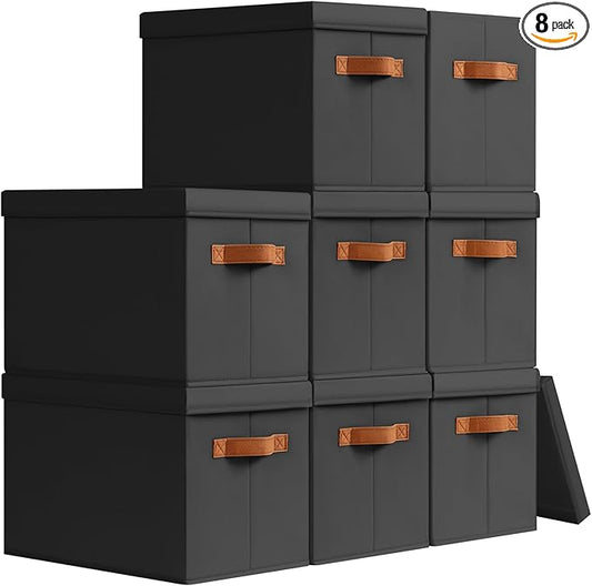 Homsorout Storage Bins with Lids - Fabric Storage Baskets for Shelves, 8 Pack Foldable Decorative Boxes with Handles, Stackable Organizer Bins for Home, Nursery, Dorm, Black