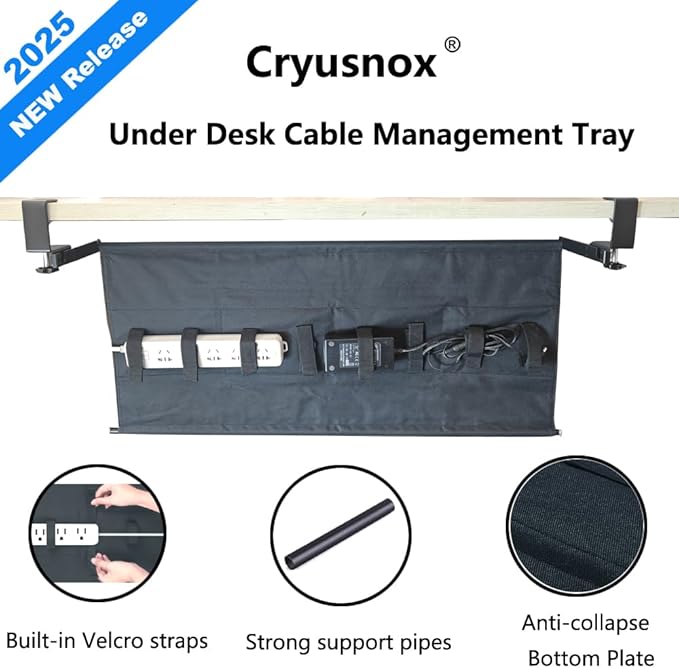 Under Desk Cable Management Tray, 31.5" Cord Organizer for Desk, No Drill,Clamp Mount Fabric Cable Management Tray for Office, Home(Black)
