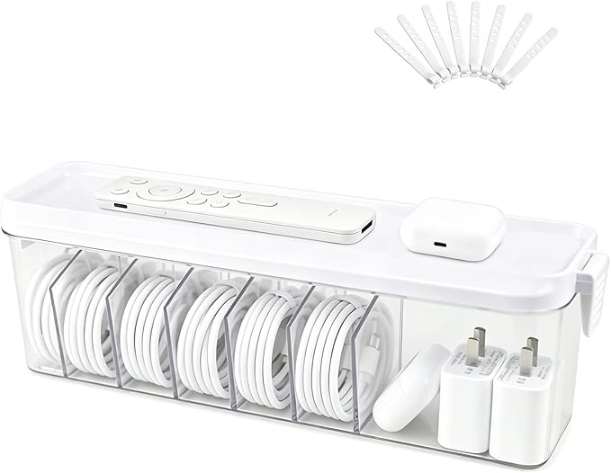 TexHome Charger Cable Organizer Box with Lid Plastic Cord Storage Box with Wire Ties, Electronics Cord Organizer for Home Drawer Office Desk Accessories Storage