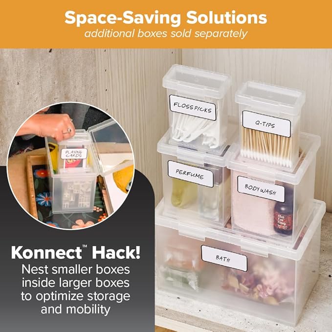 Bostitch Konnect Storage Containers with Lids, Clear Plastic Box, Stackable for Crafts, Home and Office Orginzation, Labels. 3 Piece (1 1.5 Qt Box, 2 0.5 Qt Boxes)