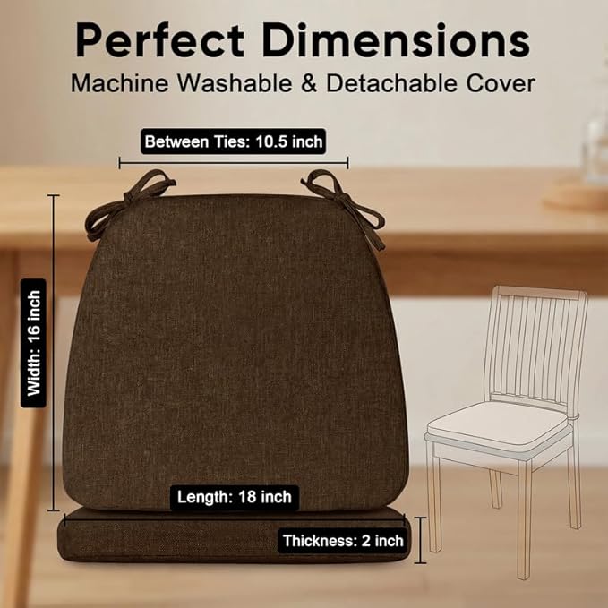 Chair Cushions Set of 2, D-Shaped Seat Cushion for Chair, Non Slip Chair Pads with Ties, 18" x 16" x 2", 40D Foam, Removable Washable Cover, Seat Cushions for Kitchen Chairs, Brown