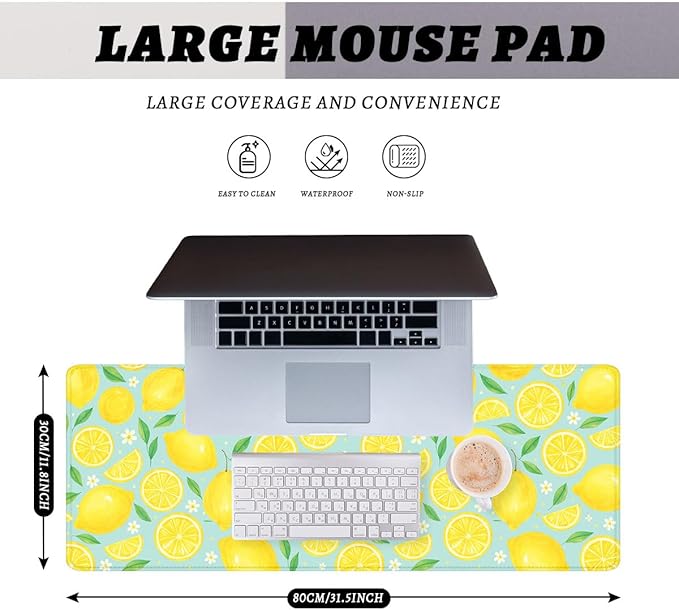 Lemon Desk Pad Mouse Pad Summer Yellow Watercolor Fruit Extended Gaming Mouse Pad Mat with Stitched Edge Non-Slip Base Big Mousepad 31.5"x11.8"