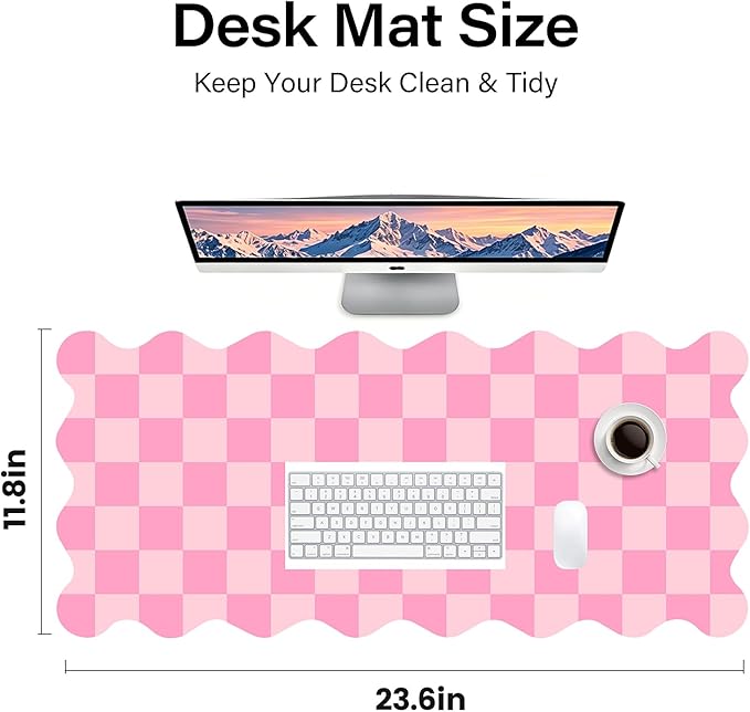 Scalloped Pink Desk Mat, 23.6" x 11.8" Waterproof Large Desk Mat, Non-Slip Computer Mouse Pad and Keyboard Mat, Pink Cute Desk Mat for Office, Work, Home, or Vanity