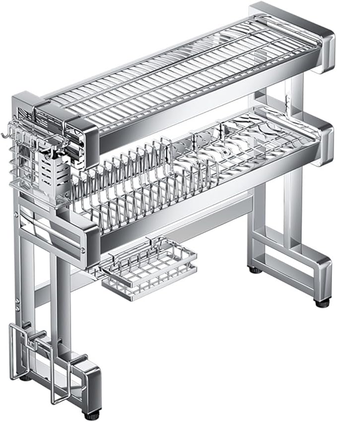 Over The Sink Dish Drying Rack, 3-Tier Stainless Steel Dish Rack, Sink Organizer,for Kitchen Counter.with Hook & Chopsticks Holder,Cutting Board Rack, Adjustable Feet(33.4 * 11.4 * 31in)