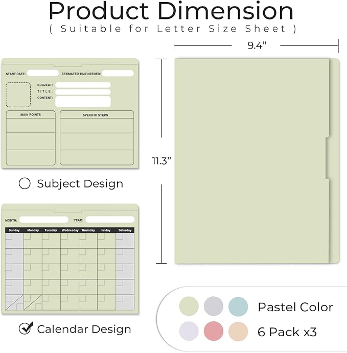 Y YOMA 18 Pack File Folder Jackets Letter Size Paper Pocket File Folder with Reinforced Straight-Cut Tab Pre-Printed Job Folders No Expansion Organizer for Office, Soft Colors, Calendar Design