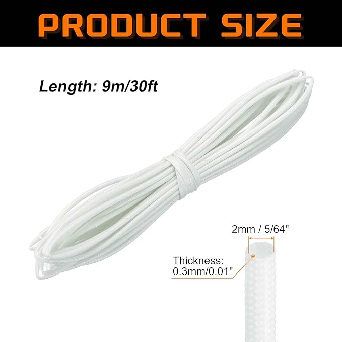 MECCANIXITY 30ft Braided Cable Sleeve, 5/64" ID 200C Heat Resistant 1500V Fiberglass Wire Insulation Cord Protector Organizer Wires Management for Motor Engine Fuel Line, White
