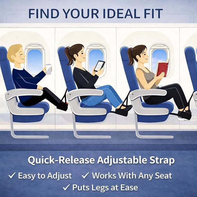 Airplane Foot Hammock for Plane Travel Essentials, Adjustable Foot Rest for Long Flights, Portable Airplane Footrest with Eye Mask & Ear Plugs, 3-in-1 Travel Comfort Kit